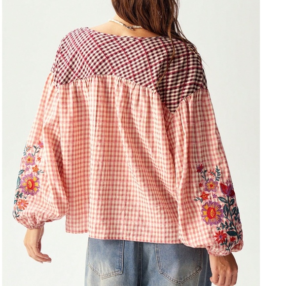 Boho Floral Embroidered Plaid Print Neck Tie Loose Fit Blouse - Picture 7 of 8